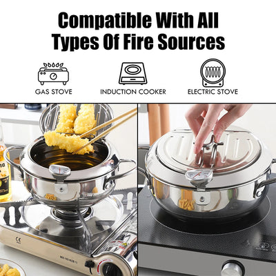 304 Stainless Steel Cooking Tool 2.2L Deep Frying Pot 2 Handles Tempura Fryer Pan With Thermometer and Lid Japanese Style