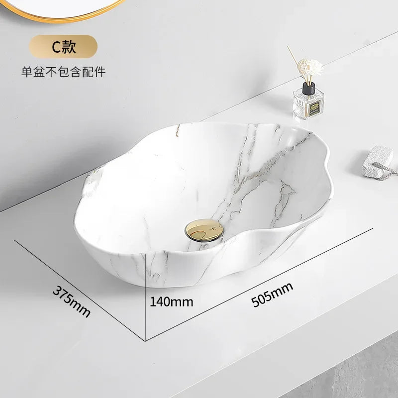 Ceramic Washbasin Marble Pattern Countertop Sinks Luxury Hotel Art Basin Flower Shape Bathroom Hand Wash Vessel Sink 50*37*14cm