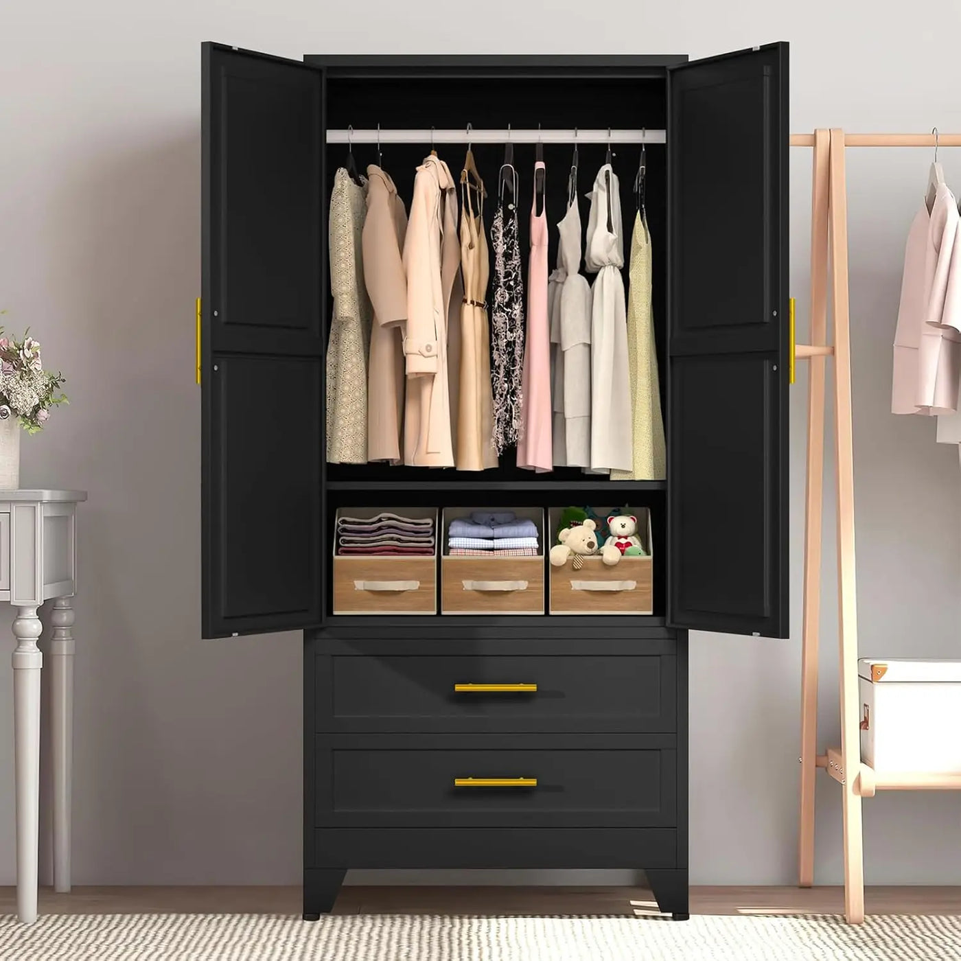 Wardrobe 71" Metal Armoire Wardrobe Closet with 2 Drawers, Freestanding 2-Door Tall Clothing Storage with Adjustable Shelves