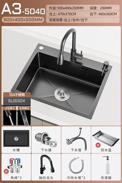 Stainless steel black sink, large single sink, hand-thickened kitchen under-counter basin, vegetable basin, dishwasher