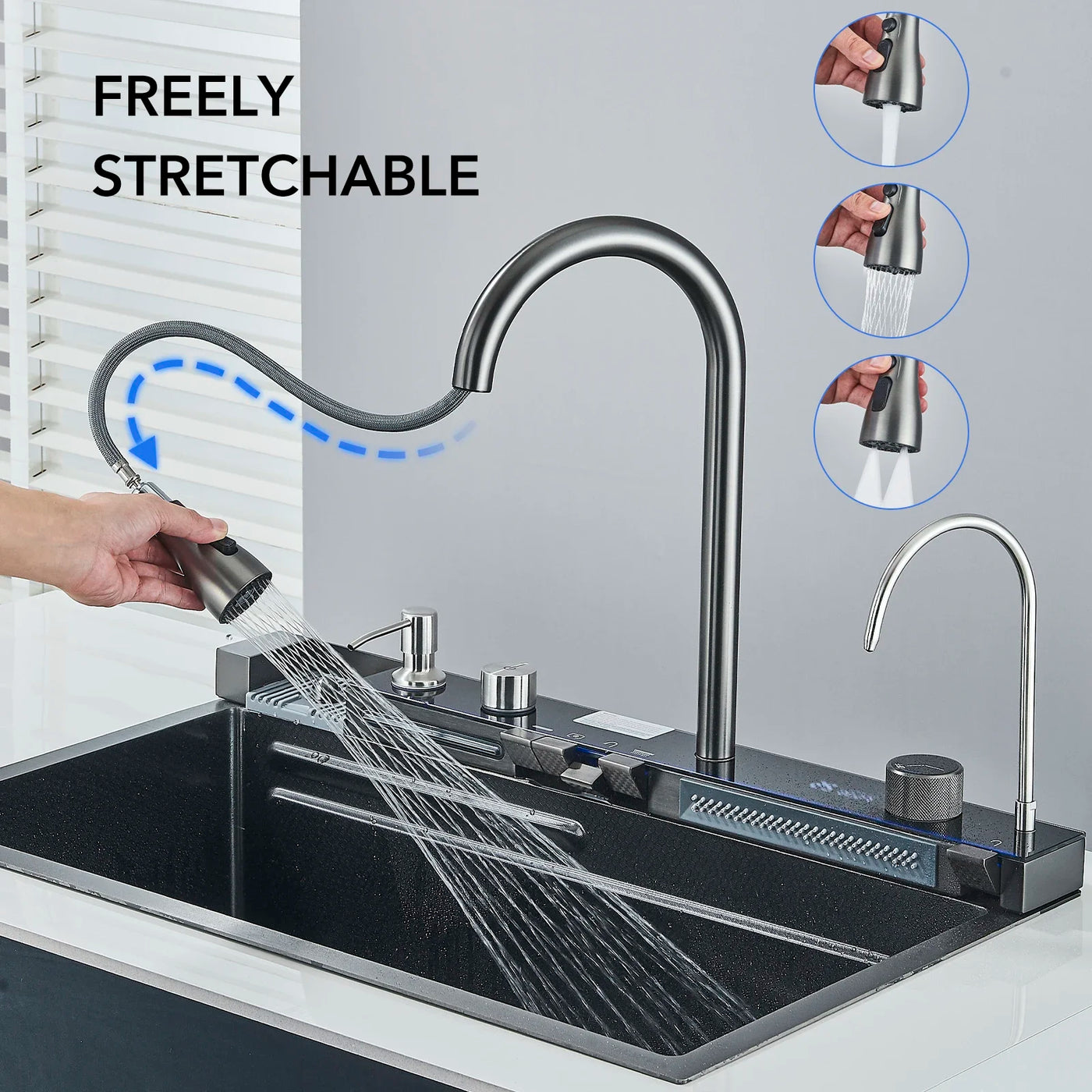 Nano Kitchen Sink 201 Stainless Steel Kitchen Waterfall Sink Digital Display Large Single Sink Dish Basin  With Faucet