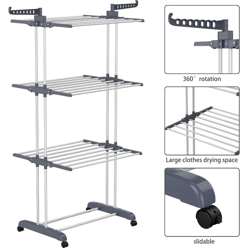 Clothes Drying Rack, Oversized 4-Tier(67.7" High) Foldable Stainless Steel Movable Drying Rack with 4 castors