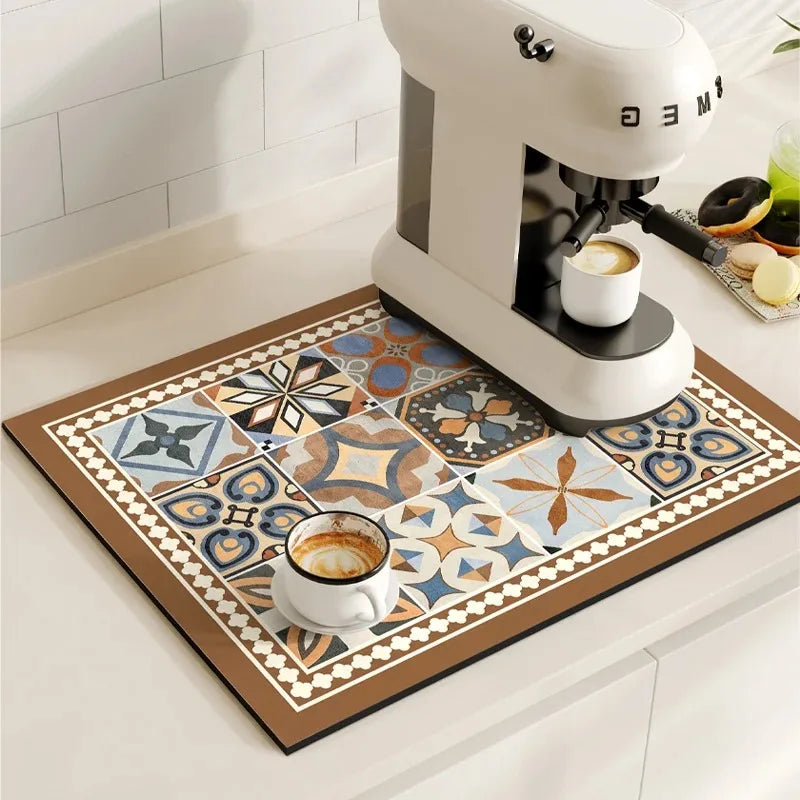 Coffee Maker Mat Retro Dish Drying Mats for Kitchen Non-slip Draining Pad Quick Dry Tableware Placemat Dinnerware Washable