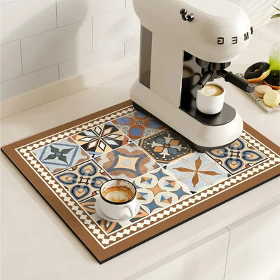 Coffee Maker Mat Retro Dish Drying Mats for Kitchen Non-slip Draining Pad Quick Dry Tableware Placemat Dinnerware Washable