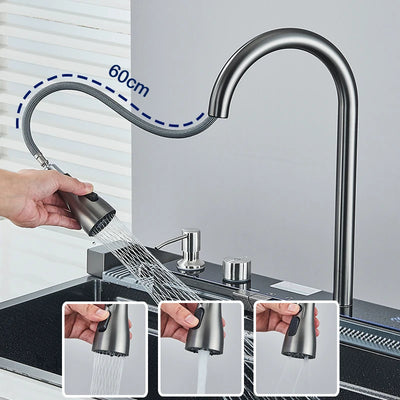 304 Stainless Steel Kitchen Sink with Digital Display Waterfall Faucet, Multifunctional 75*45cm Large Single Slot Whale Sink