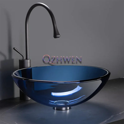 42cm Round Tempered Glass Sink Blue Bathroom Washbasin Hotel Balcony Countertop Art Basin Transparent Bowl Basin With Drain Sets