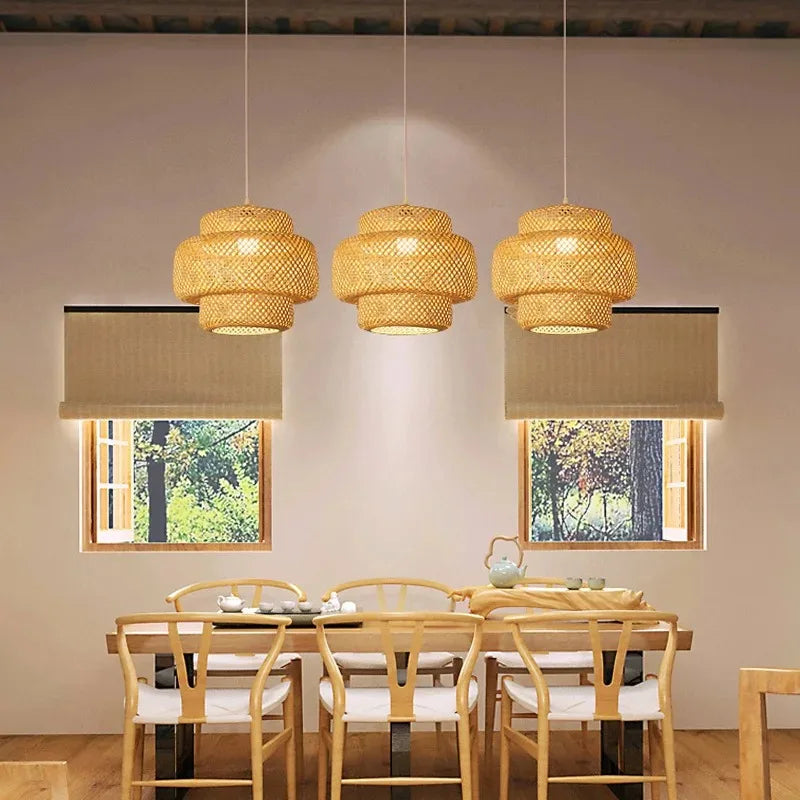 38CM Bamboo Lantern Pendent Light Natural Rattan Wicker E27 Bulb Chandeliers Pendent Lamp Restaurant Home Decorative Lighting