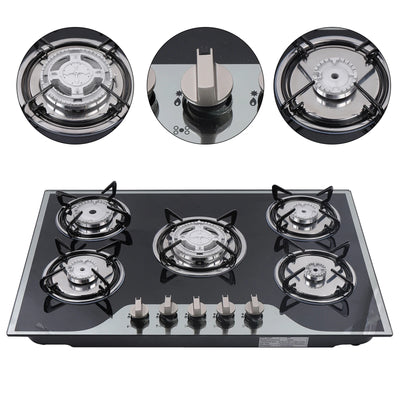 30.3" LPG/NG Gas COOKTOP Built-in 5Burner Stove Hob Cooktop Tempered Glass