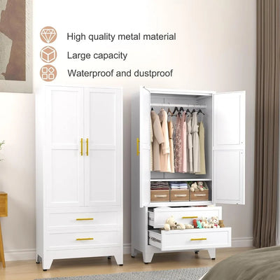 Metal Armoire Wardrobe Closet, Bedroom Clothing Storage Cabinet with 2 Drawers and Hanging Rod, Freestanding Armoire