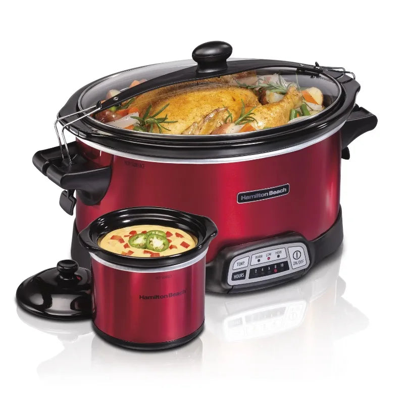 Hamilton Beach 7 Quart Stay or Go Programmable Slow Cooker with Party Dipper, Red, 33478