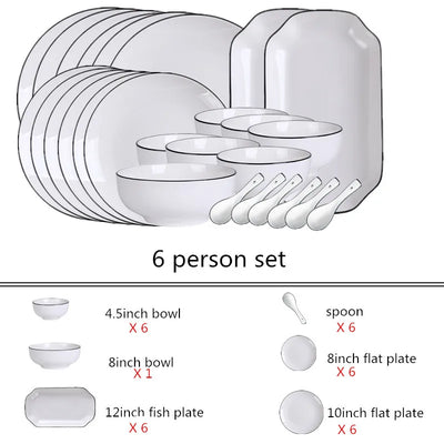 White With Black Edge Dinner Plate Set Ceramic Serving Tray Food Dishes Rice Salad Noodles Bowl Soup Kitchen Dinnerware