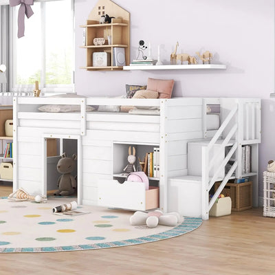 Twin Size Low Loft Bed with Storage,Wood Kids Loft Bed with Stairs,Loft Bed Twin with Shelf and Drawer Underneath,White