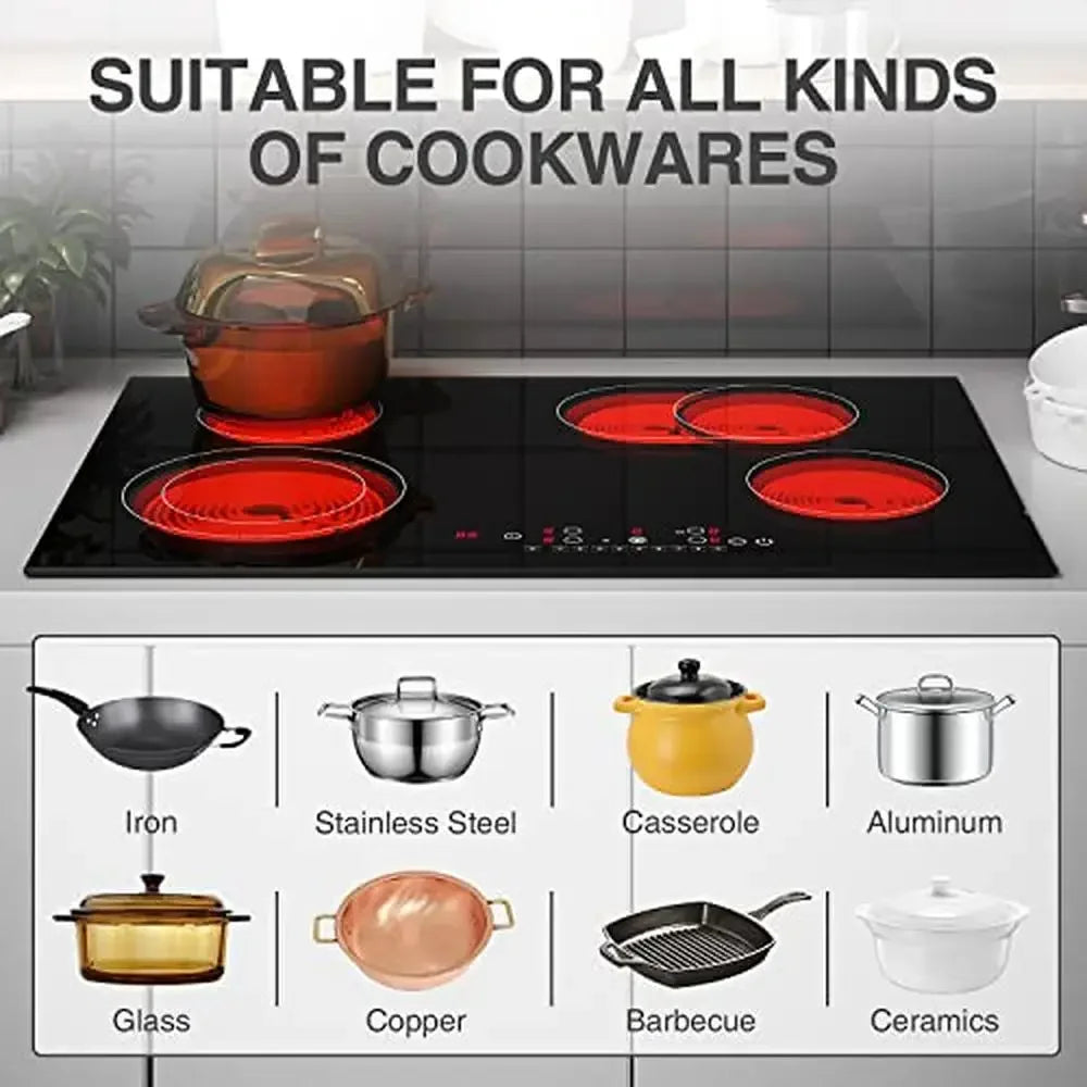 Electric Cooktop 30 Inch 7200W Stove Top 4 Burners Ceramic 9 Heating Levels Timer Kid Safe Touch Control Panel Office Party RV