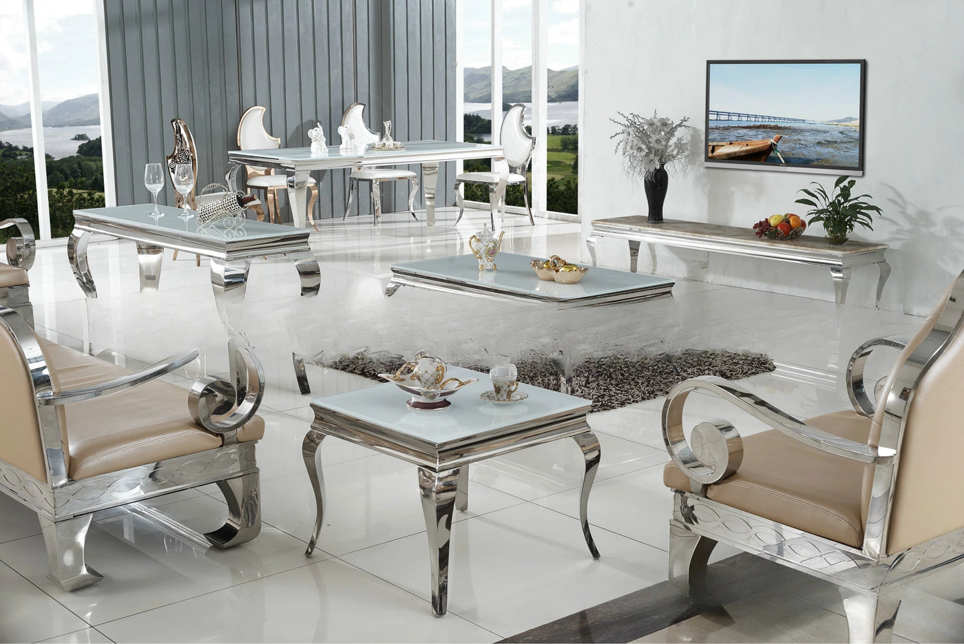 Modern Tempered Glass Stainless Steel Tea Table White Tea Table Creative Fashionable and Simple Marble Tea Table