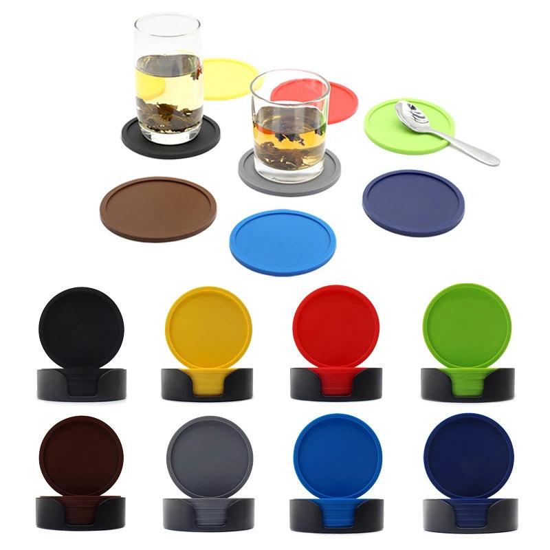 6pcs Non-slip Silicone Drinking Coaster Set Holder Cup Coaster Mat Set Round Coffeee Cup Mat Set Black Tabletop for Home Kitchen