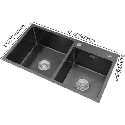 32" Black Double Bowl Kitchen Sink Stainless Steel Bar  Drop-In Kitchen Sink with Drain and Overflow