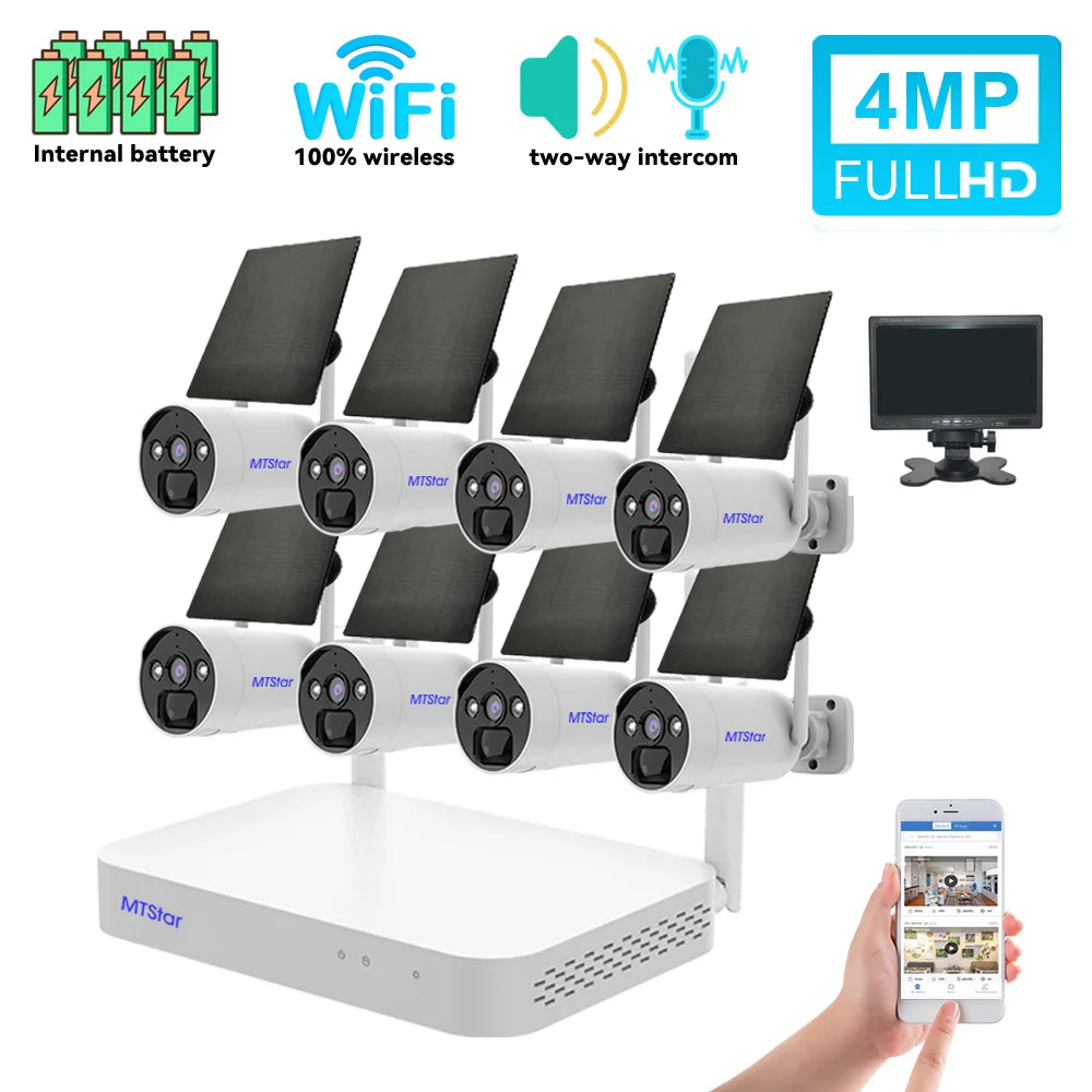 4pcs/8pcs Wireless Solar Panel Battery WIFI Camera & WiFi NVR Video Surveillance Security System Kit with 7 Inch HD Monitor