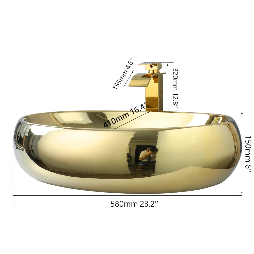 KEMAIDI Luxury 23 Inch Bathroom Vessel Sink Gold Ceramic Sinks Above Counter Oval Bathroom Sink with Gold Waterfall Faucet Mixer