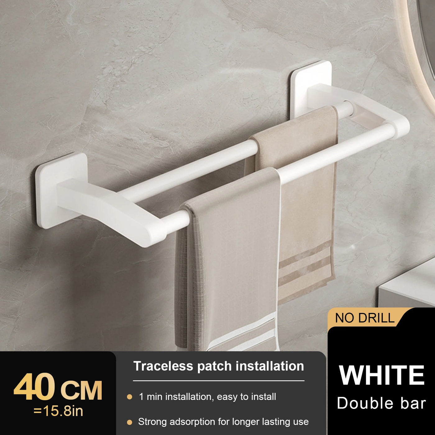 Bathroom Hand Towel Rack Towel Holder Wall Mount No Drill Mount 30/40/50cm Towel Bar Plastic ABS Double Bar 2 Tier Apartment