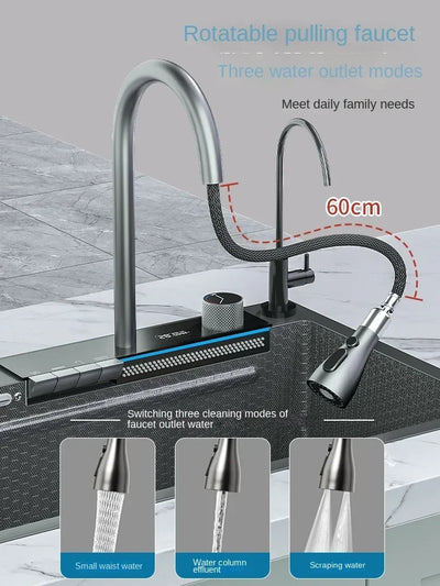 inclusive tax Hot sale modern multifunction waterfall kitchen sink 304 stainless steel single bowl black rainfall kitche