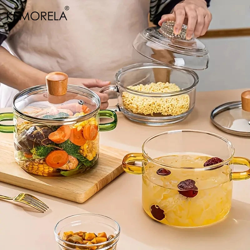 Glass Saucepan Clear Cooking Pot Soup Pot Heating Dual Handles Glass Saucepan With Cover Kitchen Cooking Tools