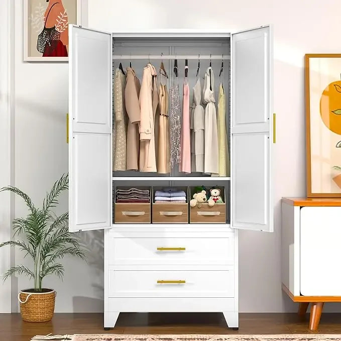 Metal Clothing Storage Cabinets with  Doors  Adjustable Shelf and  Drawers Metal Wardrobe Cabinet with Hanging Rod