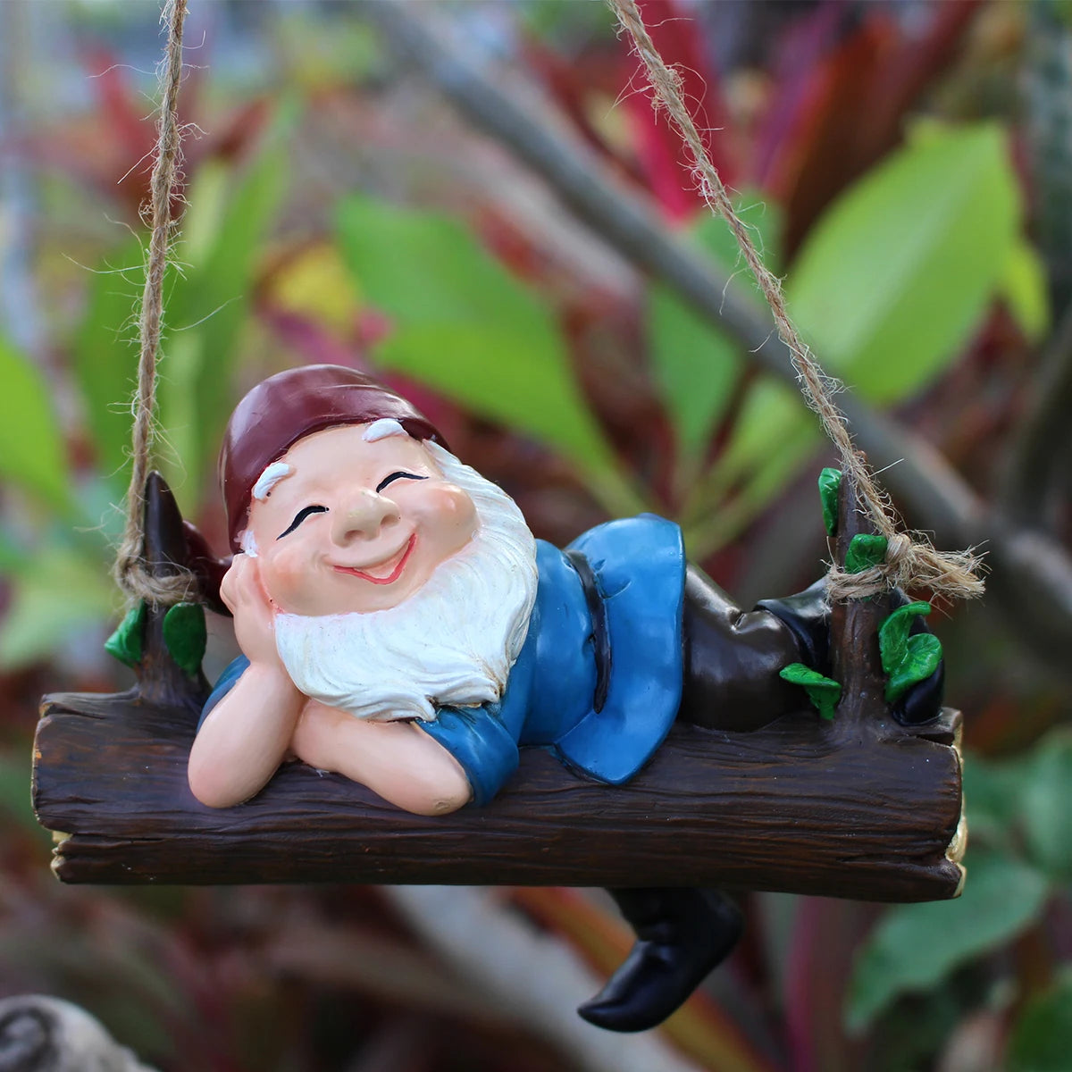 1pc Cute Garden Dwarf Decorations For Yard Hanging Statues, Smile Gnome In Swing Branch Hammock,Resin Tree Ornaments Figurines F