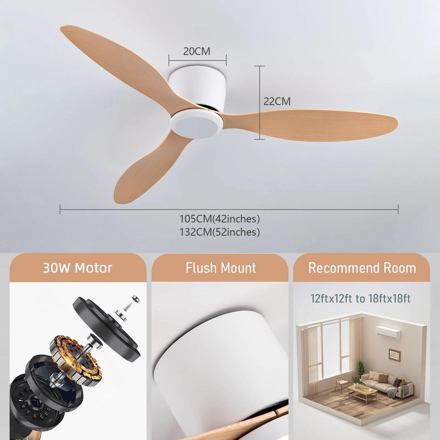 IRALAN  42 52 Inch Ceiling Fans No Light DC Motor Remote Control Cooling Fans Low Floor Ceiling Fan Silent large home fan