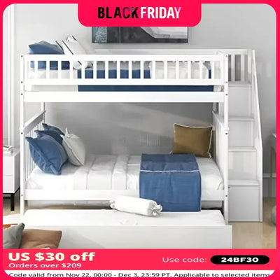 Bunk Beds, Full Over Full Bunk Bed with Trundle Bed, Wooden Bunk Bed with Staircase and Guardrail, Kids, Teens, Adults, Beds