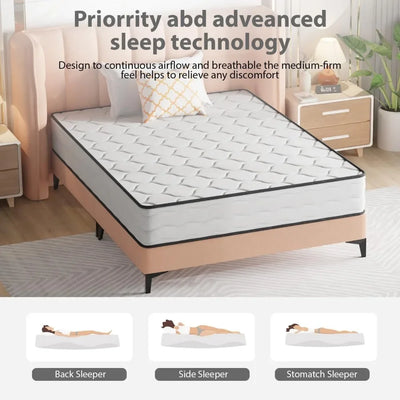 Queen Size Mattress with Innerspring and Foam, Fiberglass Free, Pressure Relief, 10 Inch Medium Firm Spring Mattress