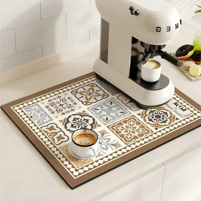 Coffee Maker Mat Retro Dish Drying Mats for Kitchen Non-slip Draining Pad Quick Dry Tableware Placemat Dinnerware Washable