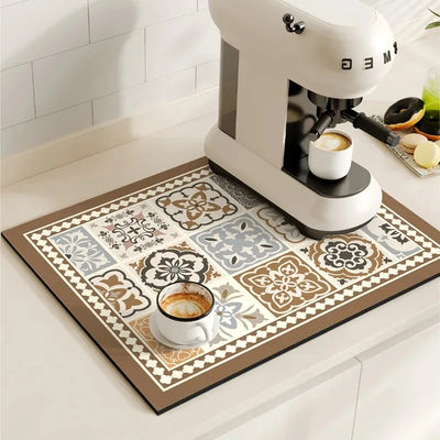 Coffee Maker Mat Retro Dish Drying Mats for Kitchen Non-slip Draining Pad Quick Dry Tableware Placemat Dinnerware Washable