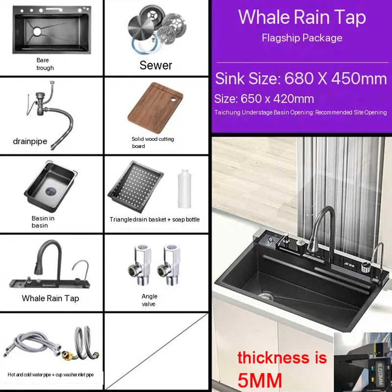 Stainless Steel Kitchen Sink with Faucet Digital Display Large Single Bowl Waterfall Rain 5 Functions System Dish Basin Sink