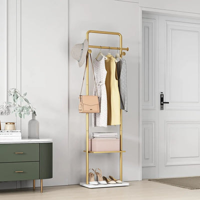 Tieou Gold Clothes Rack With Shelf, Gold Clothing Racks For Boutiques, Free-Standing Garment Rack For Hanging Clothes,Gold Coat