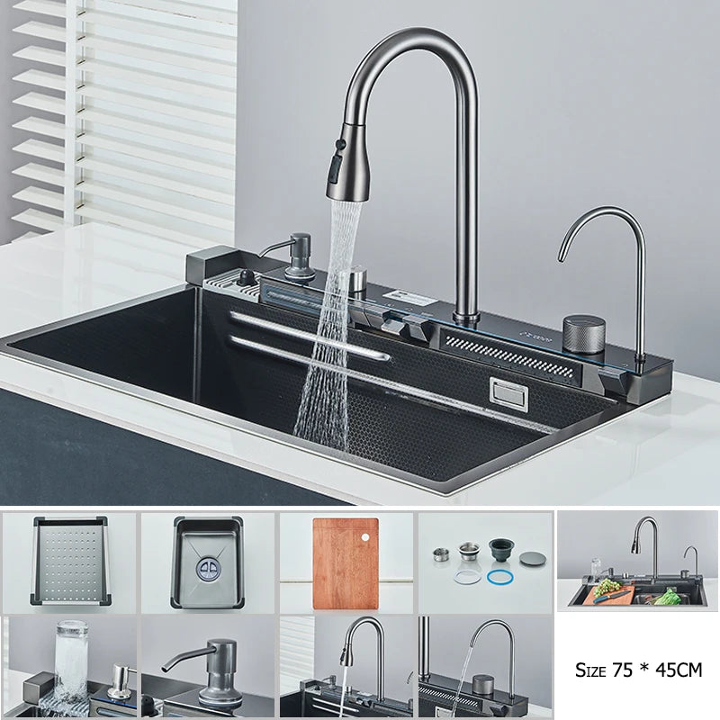 304 Stainless Steel Waterfall Kitchen Sink Large Single Slot Integrated Digital Display Faucet Set Soap Dispenser Cup Washer