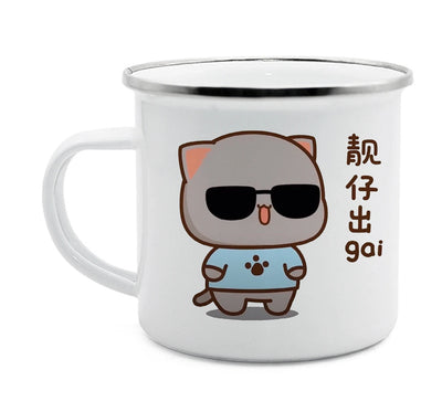 Couple Style Peach and Goma Cat Enamel Coffee Tea Cup Breakfast Dessert Milk Water Cup Couple Gift Original Breakfast Cup