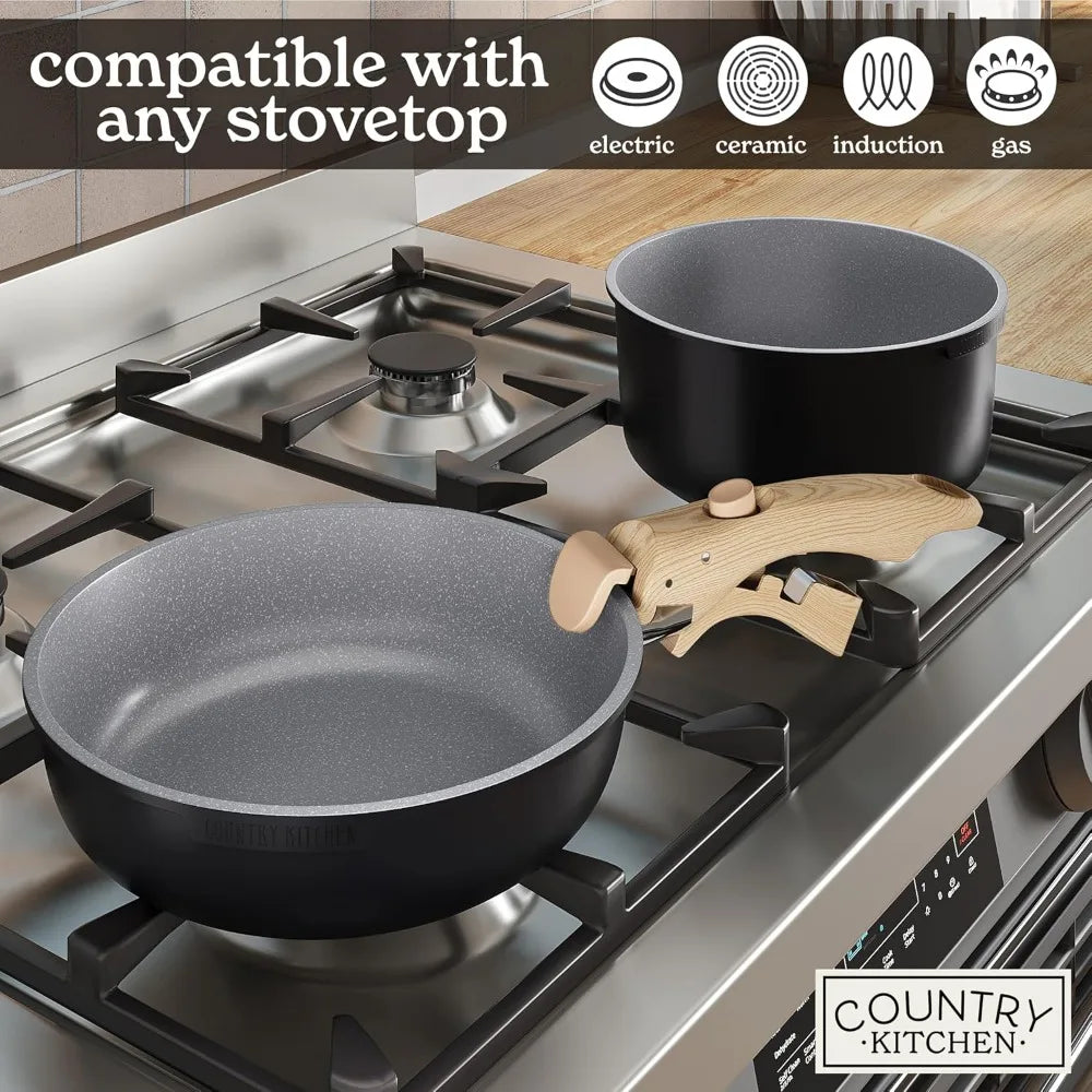 Cookware Set with Removable Handle, Oven & RV Safe Pots and Pans Set, Black/Grey Wood Handle