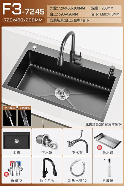 Stainless steel black sink, large single sink, hand-thickened kitchen under-counter basin, vegetable basin, dishwasher