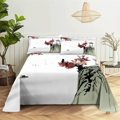 Chinese Ink And Wash Flat Sheet Bedding Digital Printing Polyester Full Size Set Cover With Pillowcase Printed Bedroom Decor