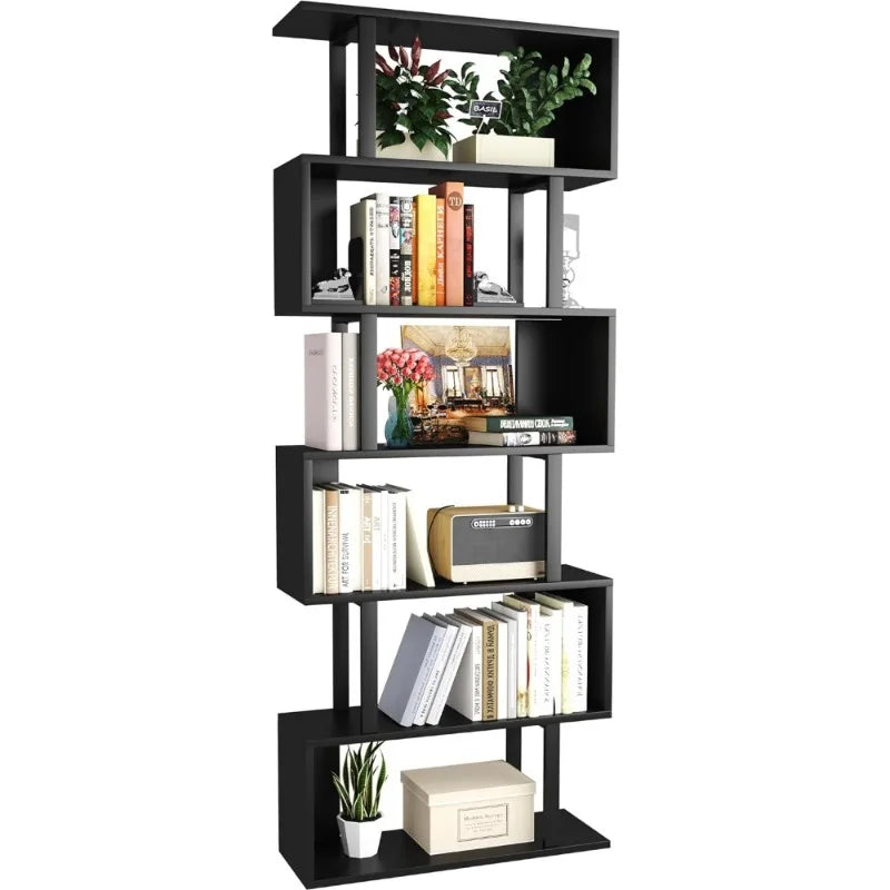 S Shaped Bookshelf, Modern Geometric Bookcase, 6-Tier White Display Case Book Shelf