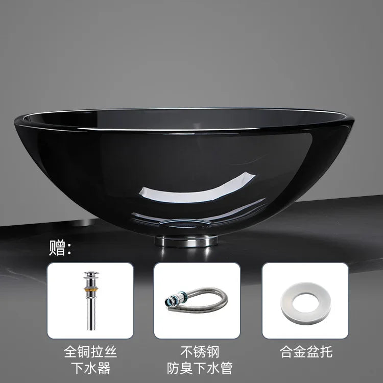 42cm Round Tempered Glass Sink Blue Bathroom Washbasin Hotel Balcony Countertop Art Basin Transparent Bowl Basin With Drain Sets