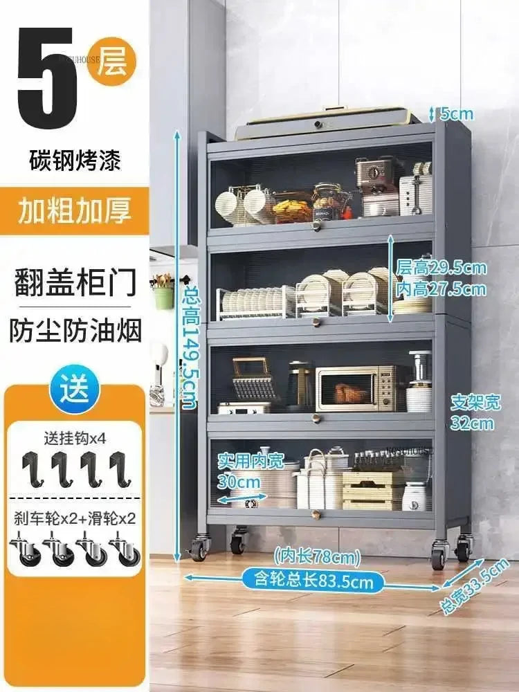 Multifunction Storage Cabinet Nordic Carbon Steel Kitchen Cabinets Home Multi-layer Microwave Oven Floor Rack with Flip Door H