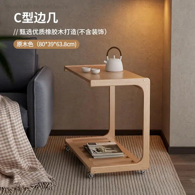 Solid Wood Sofa Side Table Cabinet Movable Table With Wheels Mini Coffee Table Living Room Small Apartment C- Shaped Small Tea