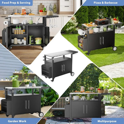 Outdoor Grill Cart with Storage,Patio Kitchen Island with WheelsHooks and Spice Rack,Waterproof Outdoor Grill Table,Movable BBQ