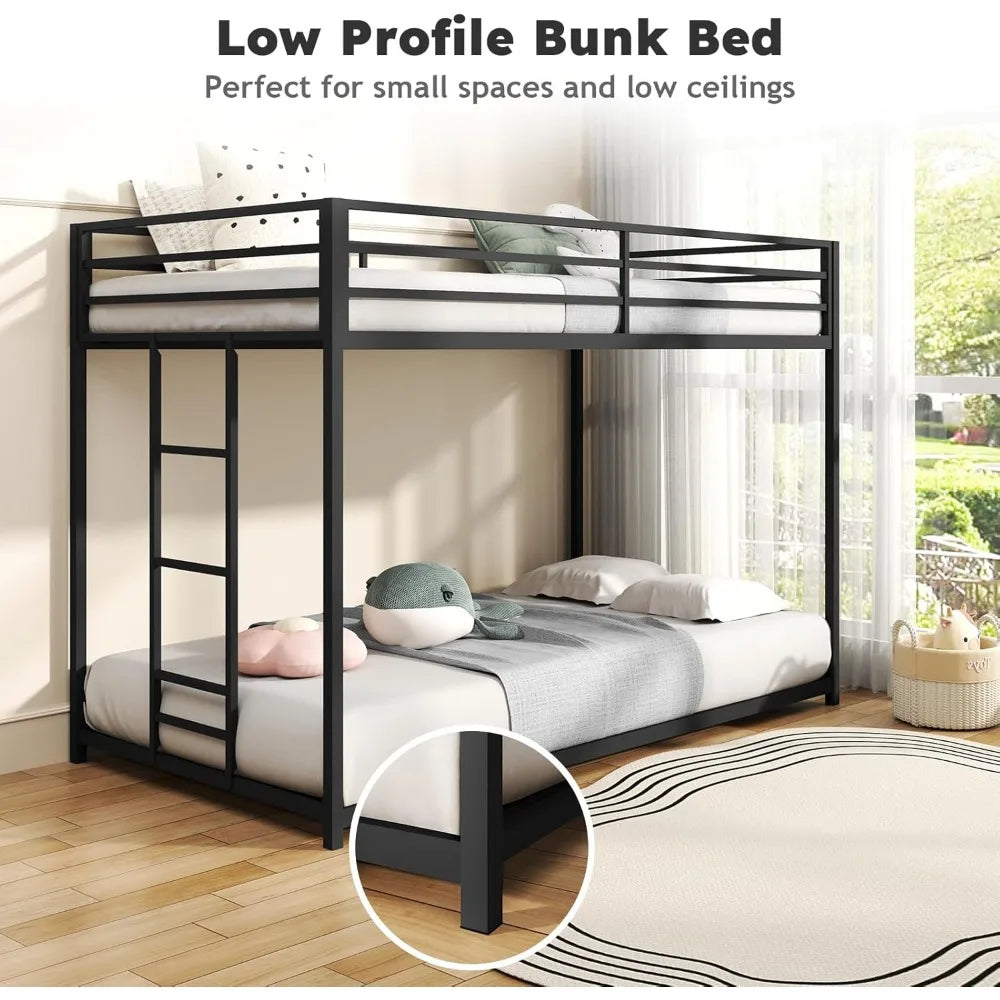 Twin Over Twin Bunk Bed Metal Low Profile Bunkbeds with Full-Length Guardrail and Ladder No Boxing Spring Needed