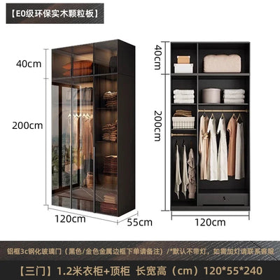 Solid wood wardrobe, bedroom home glass door L-shaped modern light luxury corner cloakroom storage cabinet combination wardrobe