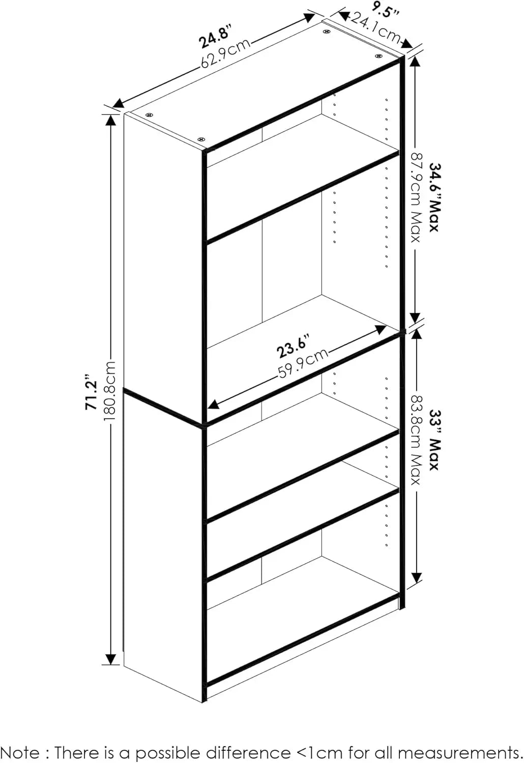 Simply Home Adjustable Shelf Bookcase, 5-Tier, Amber Pine