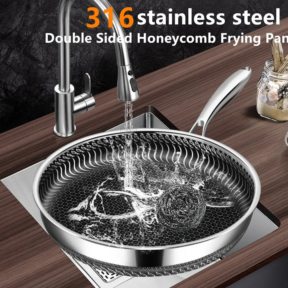 316 Stainless Steel Honeycomb Frying Pan Steak Cooking Flat Bottom Wok Induction Cooker Universal Kitchen Cookware Non-Stick Pan