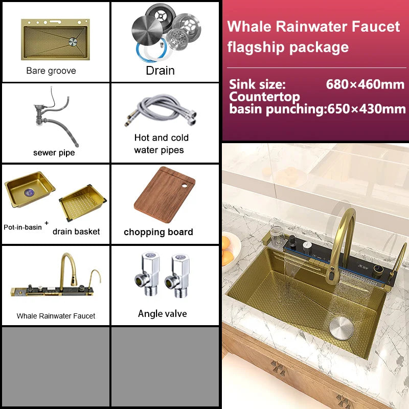 Stainless Steel Waterfall Kitchen Sink Embossed Extra Large Single Slot Digital Display Multifunctional Oversized Sinks 100x50cm