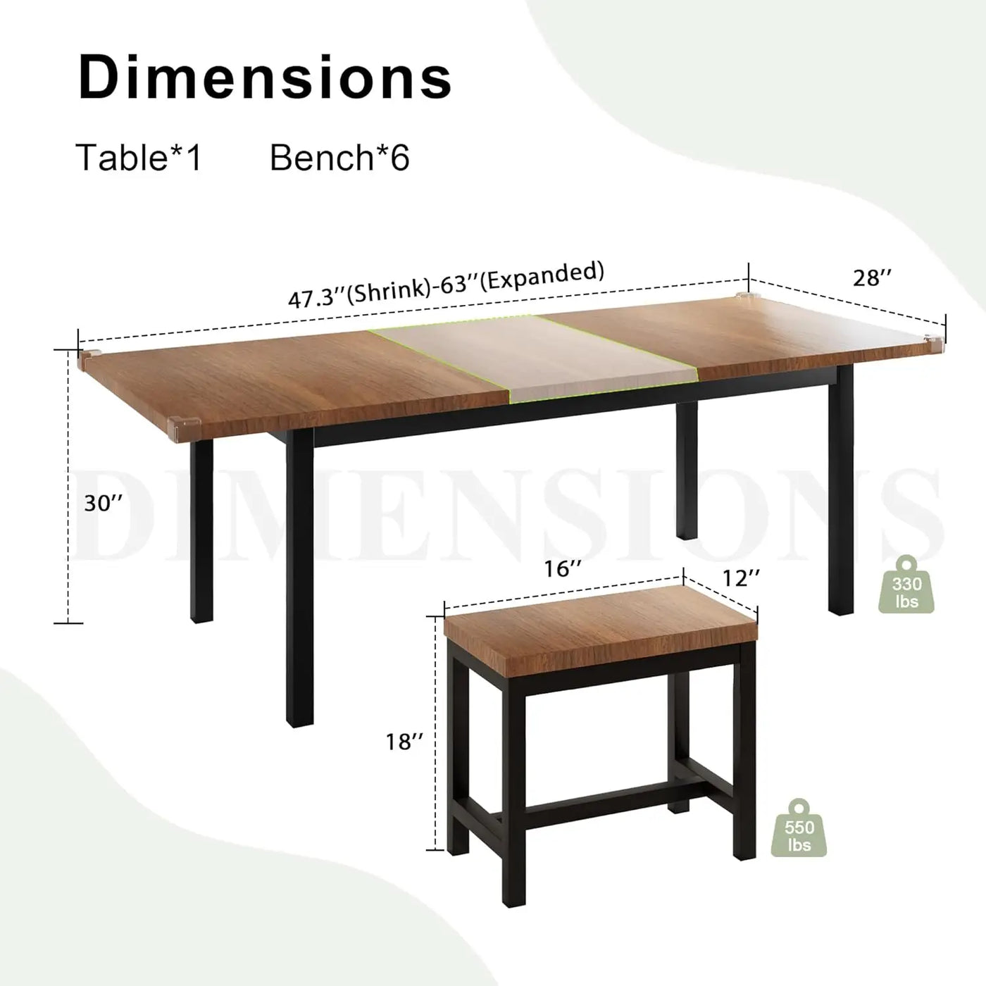 7-Piece Dining Table Set with 6 Stools 63" Large Extendable Kitchen Table Set for 4-8 Mid-Century Dining Room Table